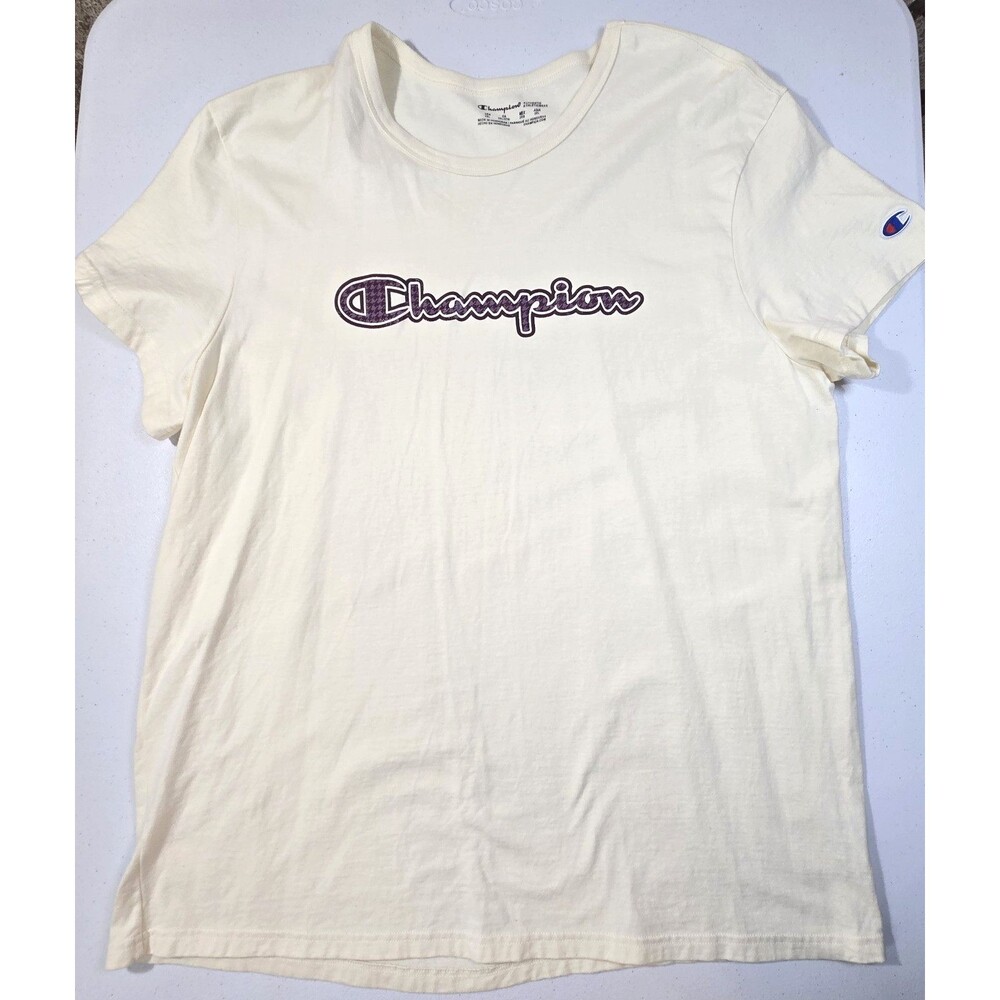 NWOT Champion Shirt women Medium Cream/ Purple Shimmery Logo Crewneck Tee SZ 2XL